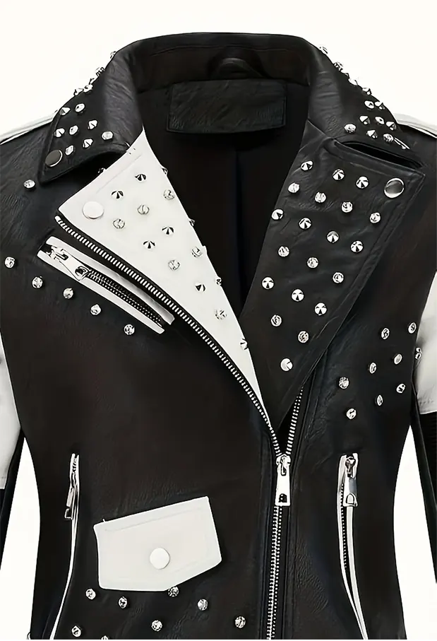 Embroidered Faux Leather Biker Jacket with Studs