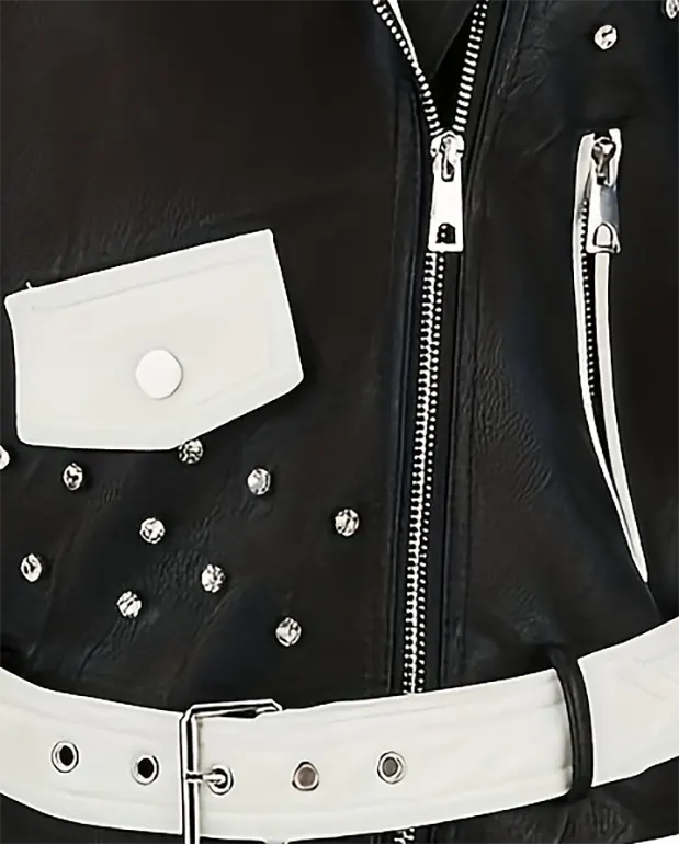 Embroidered Faux Leather Biker Jacket with Studs